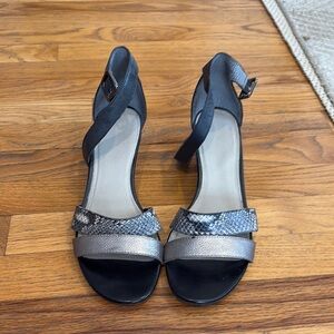 Franco Sarto Black and Silver Sandals with Open Toe and Ankle Strap size 9.5